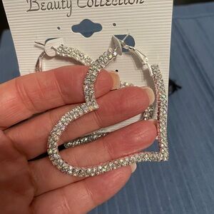 Silver Rhinestone Bling Heart Hoop Fashion Earrings